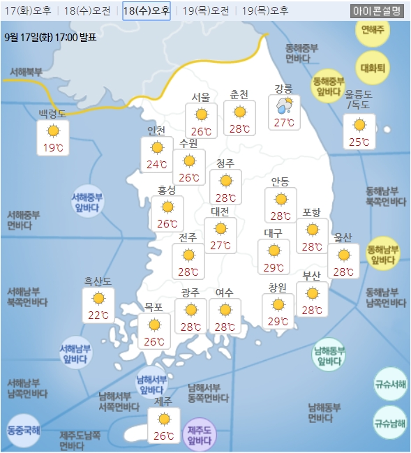 수요일인 18일 전국은 대체로 맑은 날씨를 보이겠다. 사진=기상청 날씨누리 홈페이지 화면 캡처