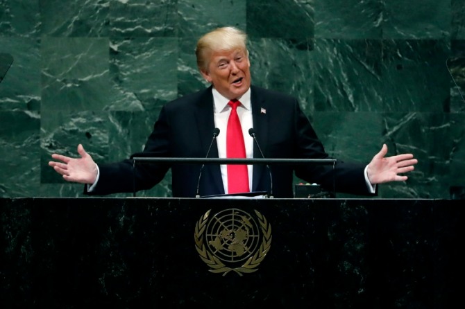  도널드 트럼프 미국 대통령이 지난해 유엔총회 일반토의에서 연설하고 있다. 사진=뉴시스