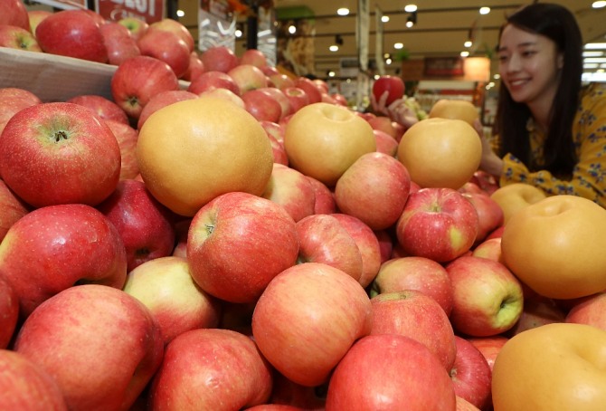 롯데마트 서울역점에서 고객이 ‘다다익선’ 행사장에서 사과와 배 등의 과일류를 살펴보고 있다. 사진=롯데마트
