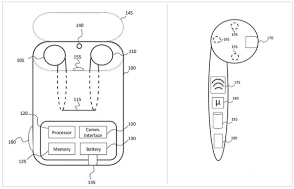 애플이 지난 2015년 특허출원한 에어팟 관련 도면. 사진=미특허청