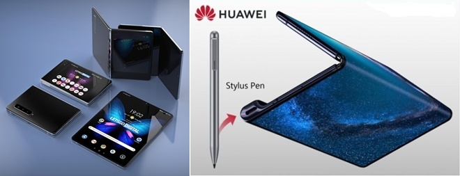 미특허청 특허출원 내용을 바탕으로 그려본 삼성전자(왼쪽)와 화웨이의 차기 폴더블폰으로 유력시되는 모델 렌더링. 사진=미특허청, 렛츠고디지털