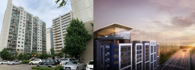 신답 극동아파트 현재 모습(왼쪽)과 리모델링 이후 조성될 스카이커뮤니티(오른쪽). 사진=쌍용건설