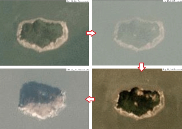 플래닛랩스가 촬영한 함박도 위성사진. 2017년 6월과 7월, 8월, 12월 사진의 순서. 사진=VOA