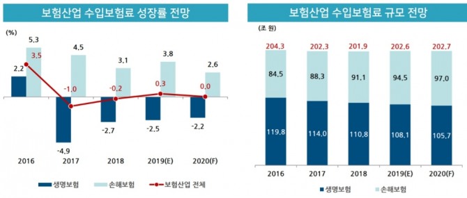 조영현 보험연구원 동향분석실장은 2017년(-1.0%)부터 시작된 저성장 추세가 계속돼 2020년 보험산업 수입(원수)보험료 증가율이 0.0%가 될 것으로 전망했다. 자료=보험연구원