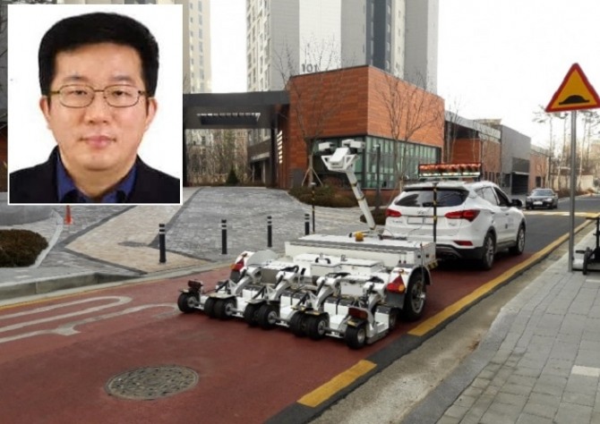 셀파이엔씨가 개발제작한 차량용 3D GPR 장비가 아스팔트 도로를 이동하면서 전자파로 노면 아래 싱크홀을 감지하고 있다. (내부 사진은 곽정하 셀파이엔씨 대표) 사진=셀파이엔씨