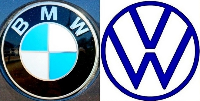 독일의 고급 완성차 업체인 BMW와 대중브랜드 폭스바겐이 신차로 유럽에서 맞붙는다. (왼쪽부터)BMW와 폭스바겐 엠블럼. 사진=각사