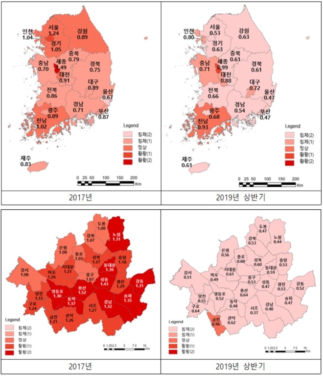 전국 주택매매거래지수(위)와 서울 주택매매거래지수(아래). 자료=주택산업연구원