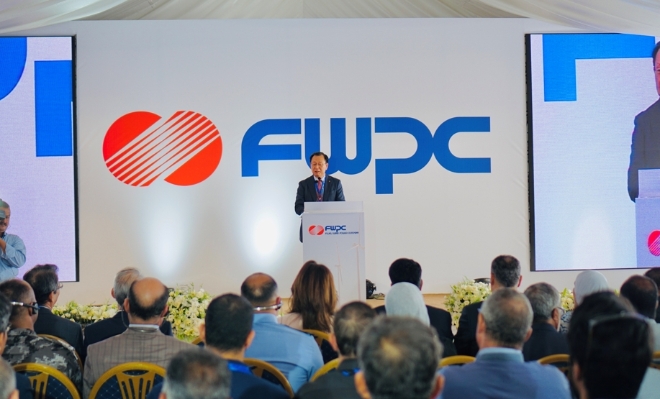 김종갑 한국전력 사장이 15일(현지시간) 요르단 푸제이즈 풍력발전소 준공식에 참석해 기념사를 하고 있다. 사진=한국전력 