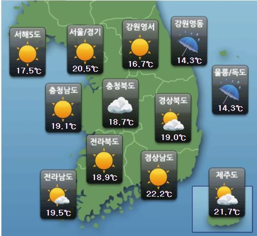 19일 주말은 전국이 중국 산둥반도 부근에 위치한 고기압의 영향을 받아 점차 맑은 날씨를 보이겠다. 자료=케이웨더
