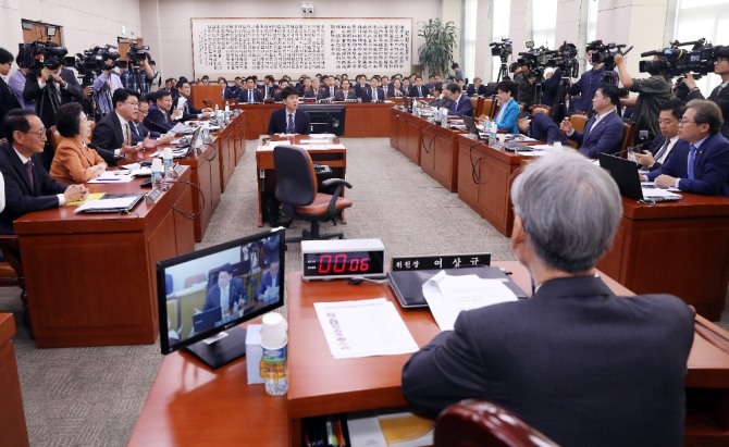 여,야 의원들이 21일 오전 서울 여의도 국회에서 열린 법제사법위원회 종합국정감사에서 패스트트랙 관련 공방을 벌이고 있다. 사진=뉴시스