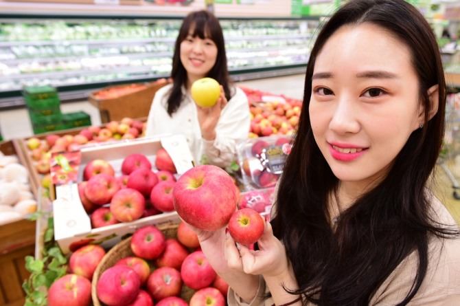 서울 서초구 농협유통 하나로마트 양재점에서 모델들이 할인 판매하는 다양한 품종의 사과를 선보이고 있다. 사진=농협유통