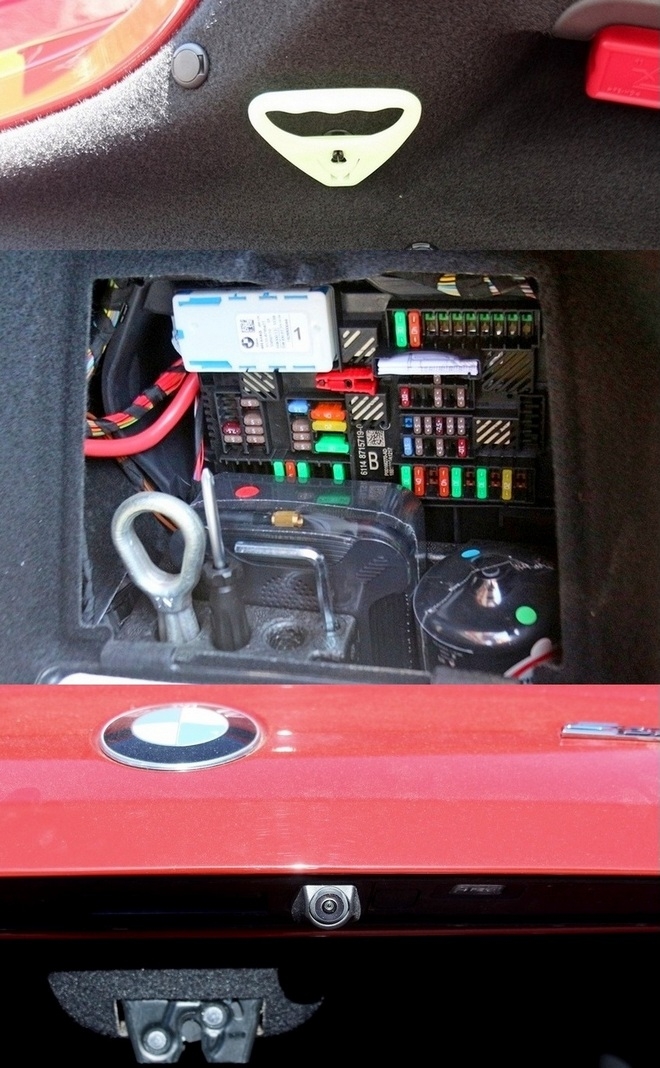 (위부터)트렁크를 안에서 열 수 있는 손잡이와 트렁크에 있는 소프트탑 개폐 시스템과 트렁크 도어 한단에 있는 카케라. 사진=글로벌 이코노믹 정수남 기자