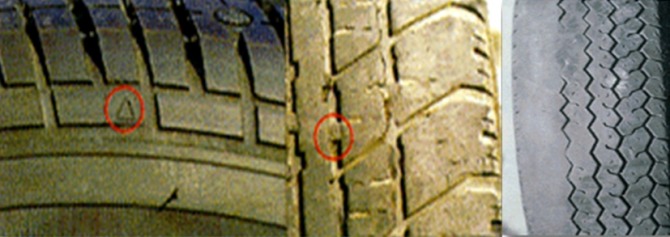 타이어 마모 표시(왼쪽)와 편마모 된 타이어.