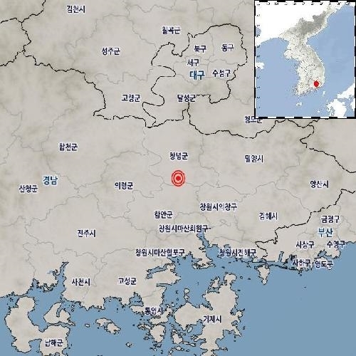 27일 오후 3시 37분 26초 경남 창녕군 남쪽 15km 지역에서 규모 3.4의 지진이 발생했다고 기상청이 밝혔다. 사진=기상청 