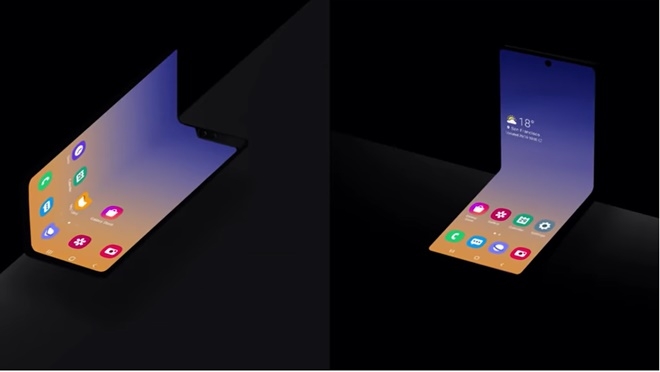 삼성전자가 29일 열린 SDC19에서 소개한 자사의 차기 폴더블폰의 접히는 방향을 보여주는 디자인 컨셉(오른쪽)과 기존 갤럭시폴드의 접히는 방향 컨셉 디자인. 사진=삼성전자 유튜브