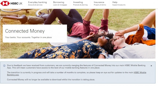 HSBC UK는 오픈뱅킹 앱 커넥티드 머니를 모바일 뱅킹 앱과 통합하는 작업을 하고 있다. 사진=HSBC UK 홈페이지