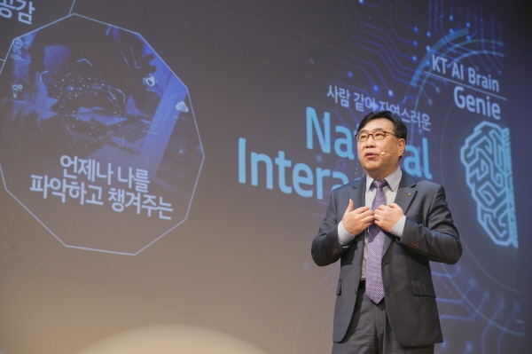 지난달 30일 서울 종로구 광화문 KT스퀘어에서 열린 AI 컴퍼니 선언 기자간담회에서 백규태 KT 서비스연구소장이 AI 기술전략을 발표하고 있다. 사진=KT