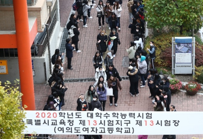 서울 여의도여자고등학교 3학년 학생들이 2020학년도 대학수학능력시험을 하루 앞둔 13일 오전 후배들의 응원을 받으며 학교를 나서고 있다.사진=뉴시스