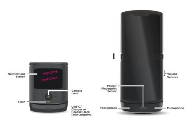 모토로라 폴더블폰 레이저의 접었을 때의 작은 화면(왼쪽)과 폈을 때의 모습. 화면 상단에 노치가 보인다. 사진=FCC