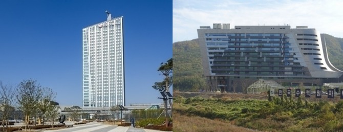 한국전력공사 나주 본사(왼쪽)와 한국수력원자력 경주 본사(오른쪽) 전경. 사진=한국전력.한국수력원자력