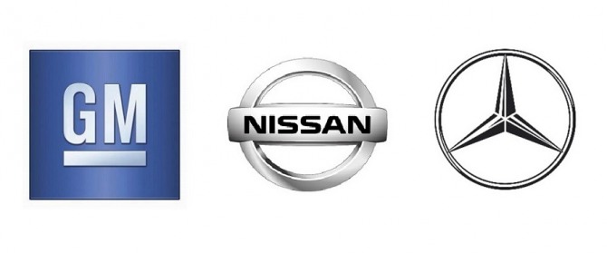 글로벌 완성차 메이커의 로고. 왼쪽부터 미국 제너럴모터스(GM), 일본 닛산(日産), 독일 다임러(Daimler). 사진=각사 홈페이지