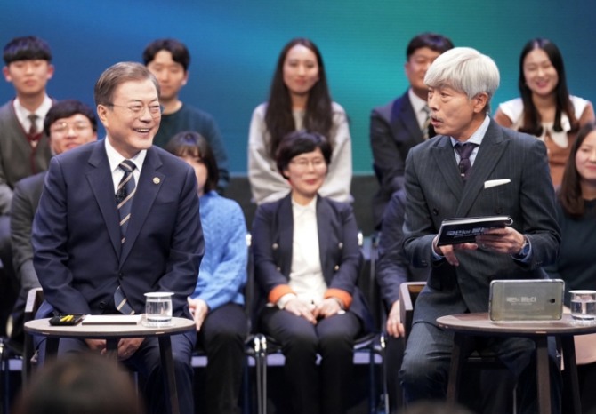  문재인 대통령이 19일 오후 서울 MBC 미디어센터에서 열린 '국민이 묻는다, 2019 국민과의 대화'에 참석해 사회자 배철수와 대화하고 있다. 사진=뉴시스