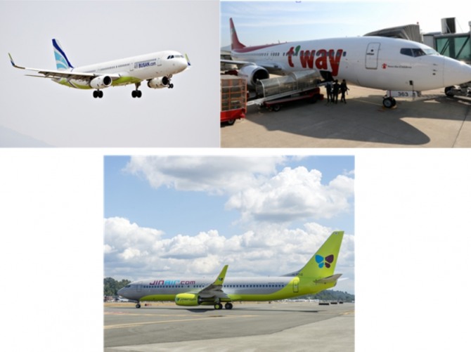 에어부산, 티웨이항공, 진에어가 LCC시장에서 2위 자리를 놓고 치열한 경쟁을 벌이고 있다. (왼쪽 위부터 시계방향으로)에어부산, 티웨이항공, 진에어 항공기 이미지. 사진=각 사 홈페이지