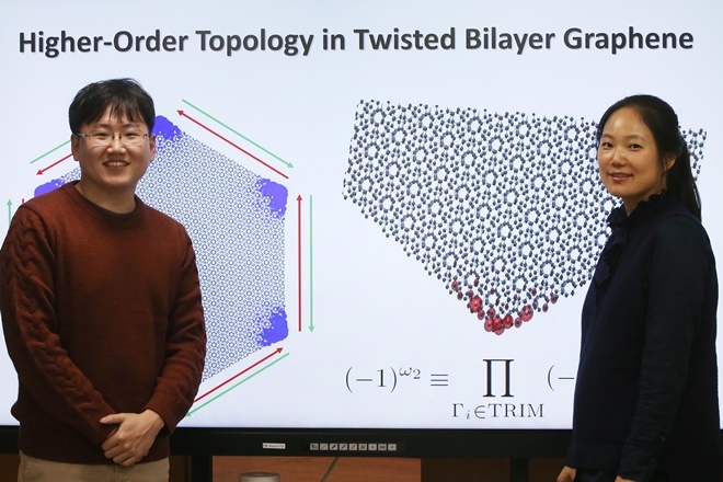 뒤틀어진 그래핀 이중층의 모서리에서 나타나는 고차 위상학적 양자상과 두층으로 뒤틀어진 벌집모양 격자에서 나타나는 무아레 무늬를 배경으로 포즈를 취한 박문집 연구원(왼쪽)과 이성빈 교수.사진=KAIST 