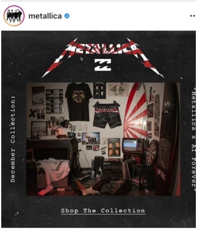 미국의 인기 헤비메탈 밴드 ‘메탈리카’가 일본 군국주의의 상징으로 인식되고 있는 욱일기의 문양이 새겨진 제품을 홍보해 국내외 네티즌들로부터 비난을 받고 있다. 사진=메탈리카 인스타그램 뉴시스