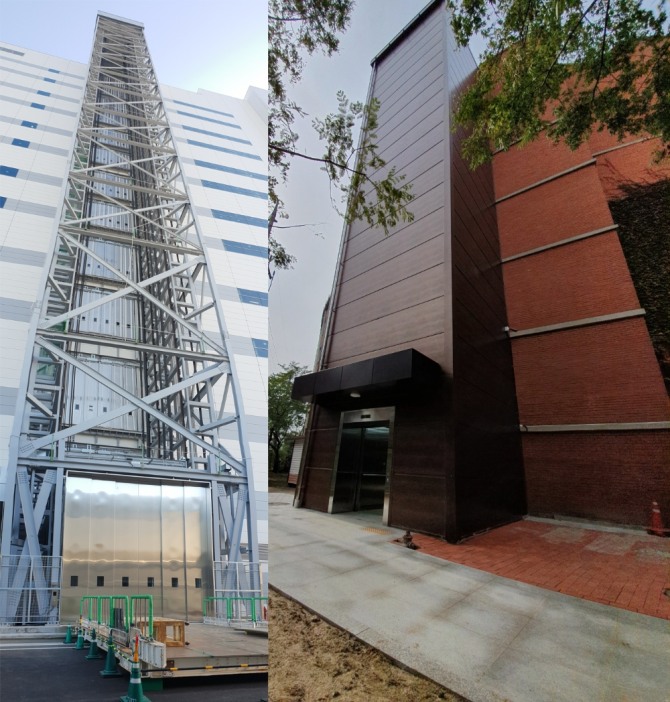 송산특수엘리베이터가 개발한 세계 최초 500인승 초대형 '골리앗엘리베이터'(왼쪽)와 세계 최초 비상구난용 '엑스베이터'(오른쪽)의 모습. 사진=송산특수엘리베이터