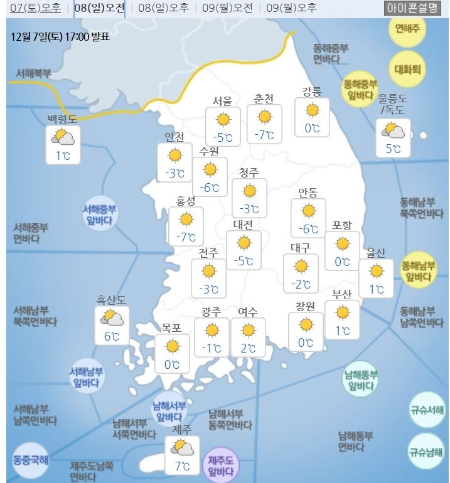 12월 8일(일요일) 날씨 예보. 자료=기상청 홈페이지 캡처