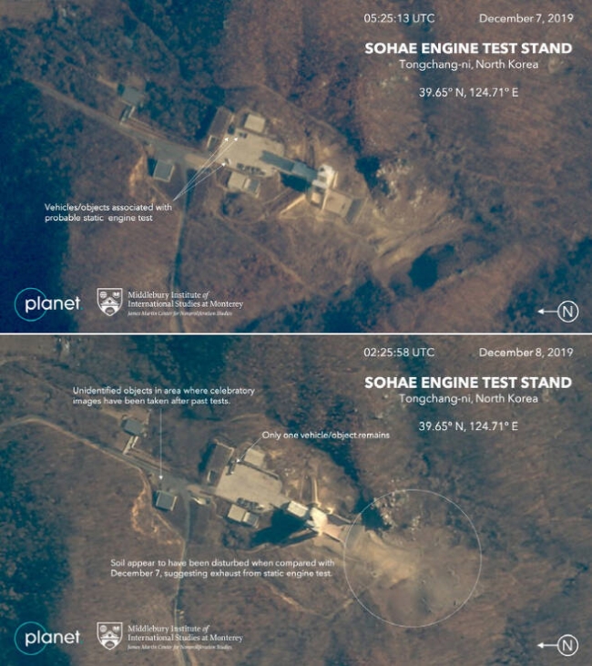 사진은 미국 미들버러연구소가 현지시간 8일 공개한 동창리 엔진연소실험 전(위)과 후(아래)의 위성사진.