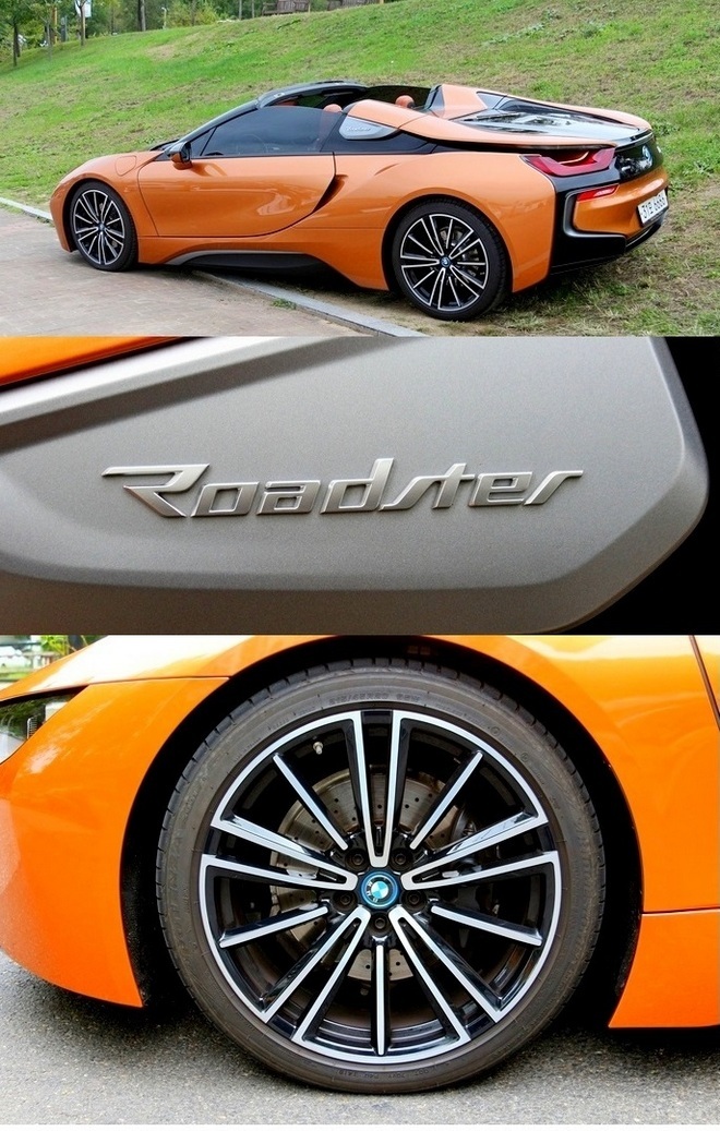 20인치 휠에 탑재된 스포츠 타이어와 차량 측면과 후면의 로드스터 배지는 i8 로더스터의 강력한 성능을 대변하고 잇다. 이 차량의 제로백은 5초. 사진=글로벌 이코노믹 정수남 기자