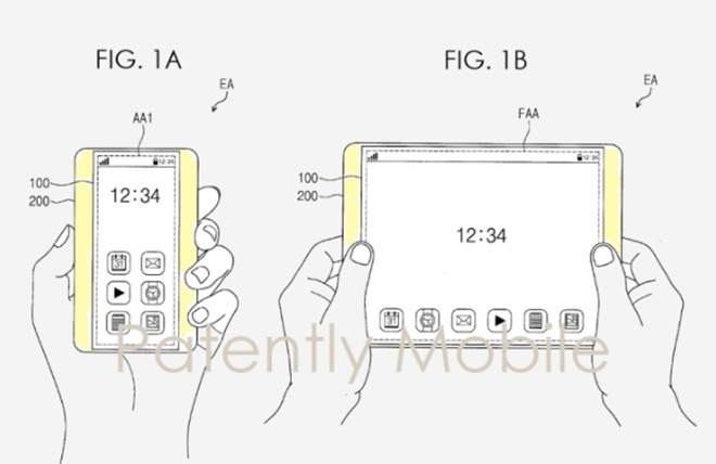 삼성전자가 좌우의 베젤부분을 당겨서 화면을 늘리는 고안에 대한 미특허출원을 했다. 사진=미특허청, 페이턴틀리애플