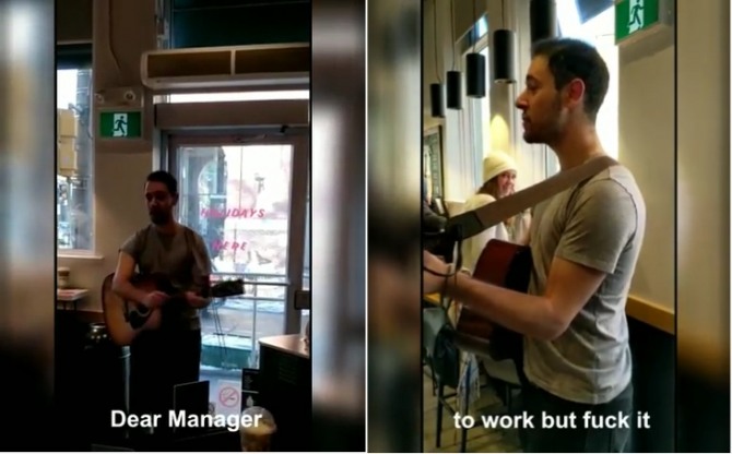 스타벅스 직원이 직장을 그만두면서 매니저 등을 꼬집는 깜짝 콘서트를 개최하는 유튜브 동영상이 화제를 낳고 있다.