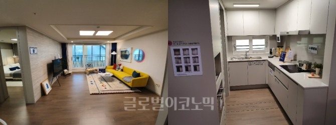 'e편한세상 홍제 가든플라츠' 59A타입 거실(왼쪽)과 주방 모습. 사진=김하수기자