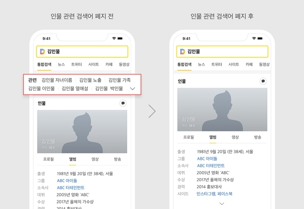 23일 카카오가 전한 인물 관련 검색어 및 실시간 이슈 검색어 폐지 예시 이미지. 사진=카카오