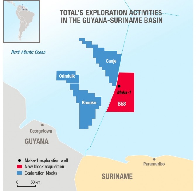 토탈(Total)이 미 탐사회사 아파치(Apache)와 수리남의 58블록(Suriname Block 58) 개발에 대한 50%의 지분 합작투자 계약을 성사시켰다. 자료=토탈