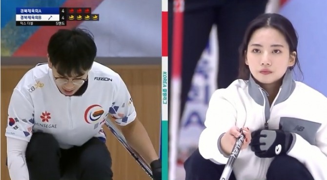 23일 의정부 컬링 경기장에서 열린 '2019-2020 코리아 컬링리그'에서 경북체육회 B 팀으로송유진(오른쪽) 선수가 전재익 선수와 함께 출전해 경북체육회 A(성유진, 장혜지) 팀을 상대로 승리의 기쁨을 누렸다. 사진=MBC 스포츠 유튜브 캡처 