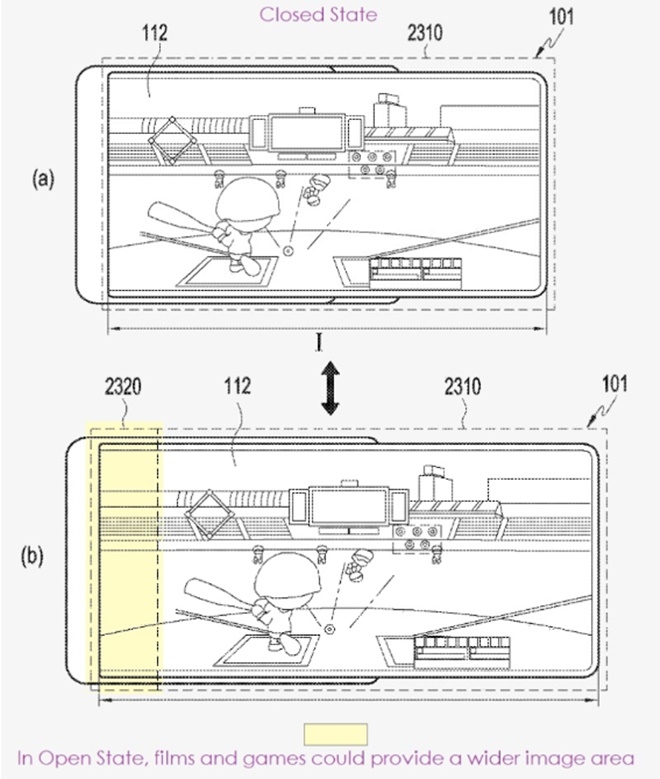 삼성전자가 특허출원한 디스플레이 확장형 스마트폰을 닫은 상태(위)와 펼친 상태. 사진=미특허청, 페이턴틀리모바일
