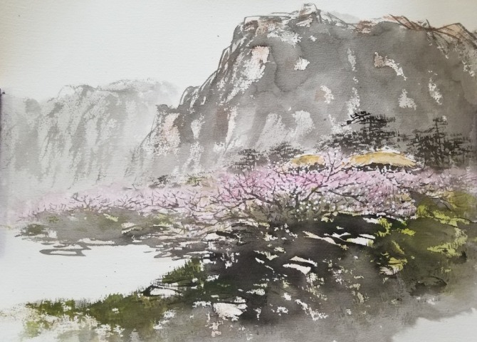 Song coming Spring(봄이 오는 소리),72.7 x 53.0 cm,한지에 수묵담채,2018