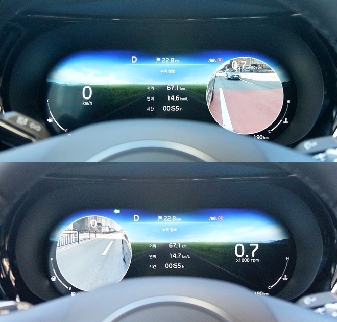신형 K5에는 그랜저에 실린 안전 편의 사양이 동일하게 적용되면서 차량 주변 6개의 사각 지대를 모두 잡았다. (위부터)오른쪽과 왼쪽 방향지시읃을 켜면 계기판에 오른쪽과 왼쪽 차량 측면 부근이 투영된다. 사진=정수남 기자