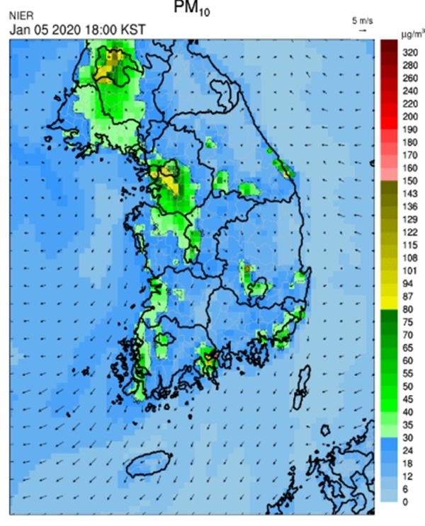 5일 오후 6시 미세먼지 예상지도. 사진=기상청 