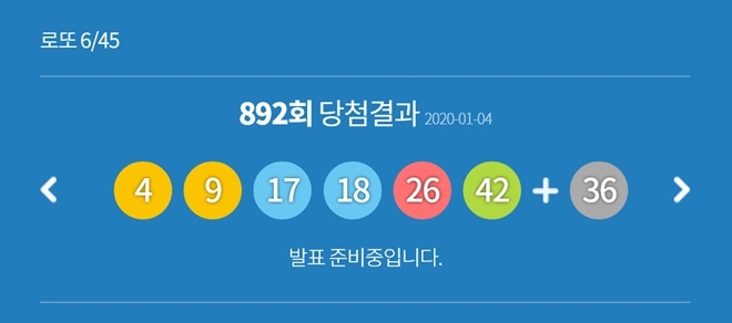 1월4일 추첨한 로또 892회 당첨결과. 사진=동행복권 홈페이지 