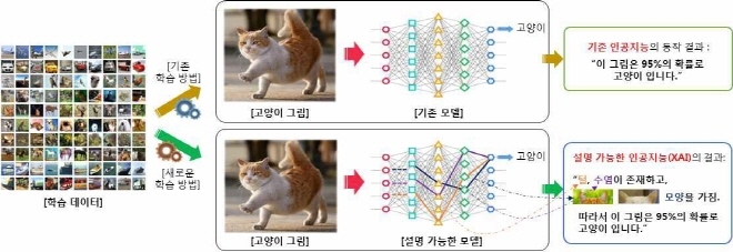 인공지능이 고양이 이미지를 분류할 경우 기존 시스템은 입력된 이미지의 고양이 여부만을 도출하지만 XAI는 고양이 여부를 도출하고 털, 수염 등의 근거까지 사용자에게 설명한다. 자료=금융보안원