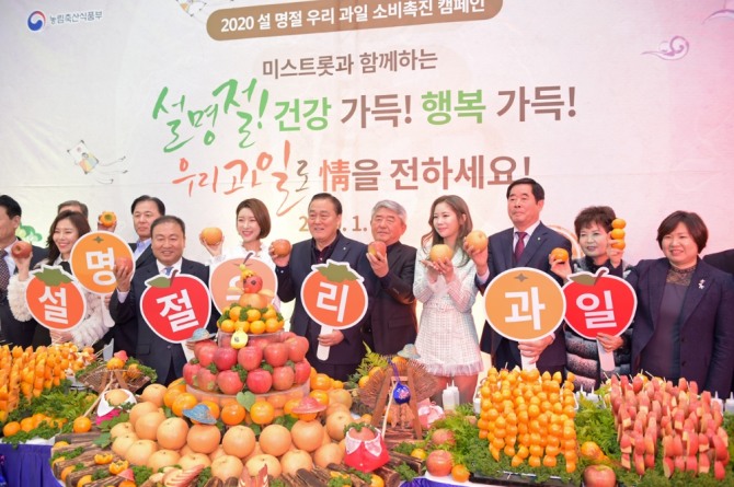 농협은 14일 서울 서초구 농협하나로마트 양재점에서 농림축산식품부, 생산·소비자단체와 공동으로 ‘2020 설맞이 우리 과일 소비촉진 행사’를 열었다고 밝혔다. 사진=농협유통