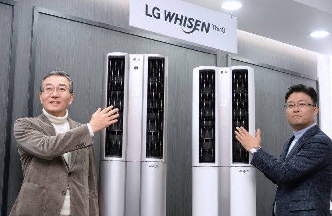 이감규 LG전자 에어솔루션사업부장(부사장, 왼쪽)과  임정수 한국B2B마케팅담당이 16일 2020년형 ‘LG 휘센 씽큐 에어컨’ 신제품 29종을 선보이고 있다. 사진=LG전자 제공