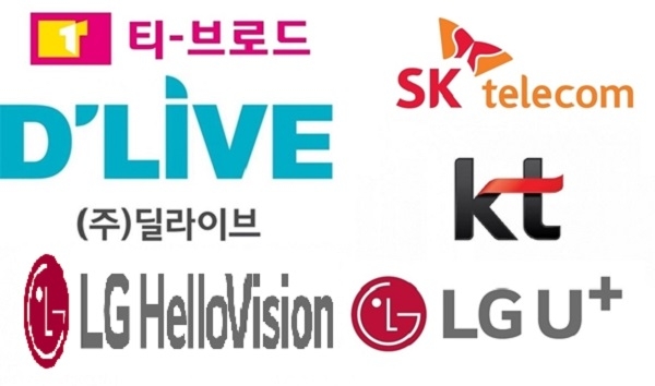 이통사, 케이블TV 기업 간 결합이 예상보다 빠르게 전개되는 가운데, KT의 향배에 이목이 쏠린다. 유료방송 기업 6개사 CI. 출처=각 사.