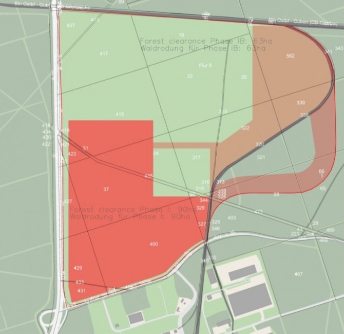 2차 세계대전 폭탄이 발견된 테슬라 기가팩토리 4 공장 부지의 구역(빨간색). 사진=일렉트렉