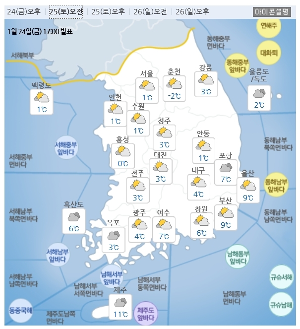 설날인 25일 전국 다수 지역의 기온이 아침부터 영상권을 기록하는 등 평년보다 포근할 것으로 예상됐다. 다만 오전에 일부 지역에서 빗방울이 떨러지는 등 흐릴것으로 예보됐다. 25일 오전 일기예보. 사진=기사청 홈페이지 캡처